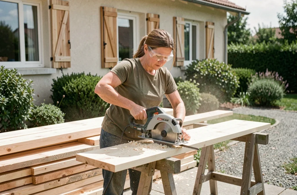 Femme bricolant des volets en bois en coupant des planches de pin à l'extérieur devant sa maison