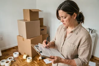 Femme remplissant un formulaire de suivi de courrier lors d'un déménagement dans un appartement encombré de cartons