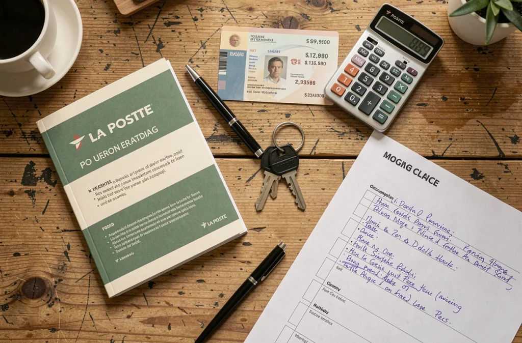 Vue à plat d'une table avec brochure de suivi courrier La Poste, calculatrice, clé et documents pour préparer un déménagement