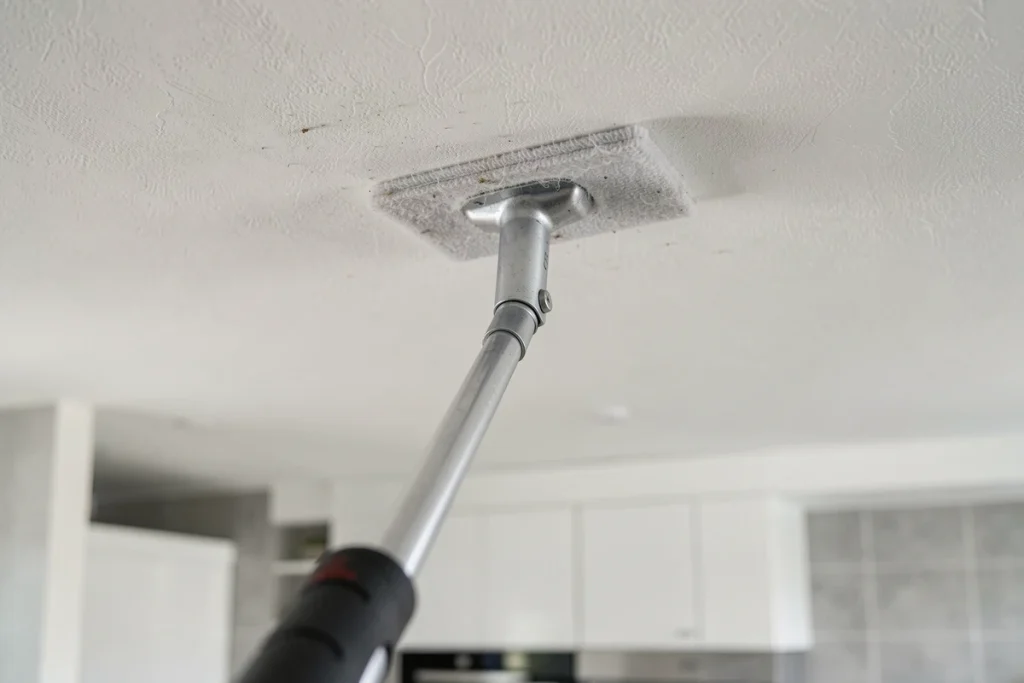 Gros plan sur la tête microfibre d'un balai télescopique en contact avec un plafond blanc poussiéreux