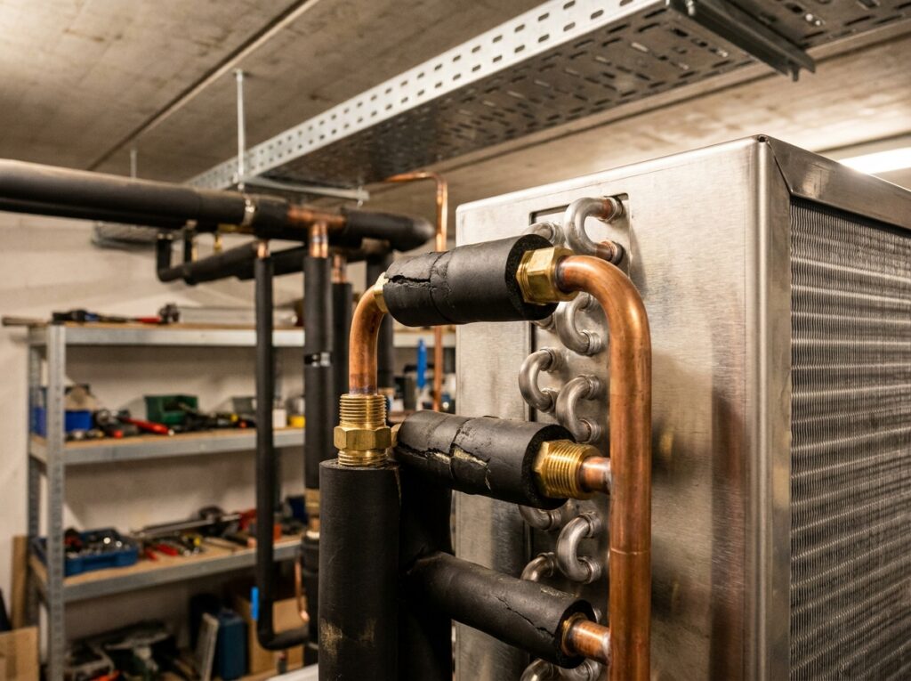 Gros plan sur les ailettes et raccords d'un échangeur thermique air-fluide en acier inoxydable dans une installation frigorifique