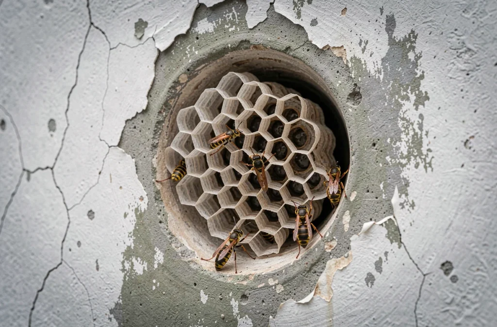 Vue rapprochée d'une entrée de nid de guêpes dans un mur en béton fissuré révélant la structure en nid d'abeille interne