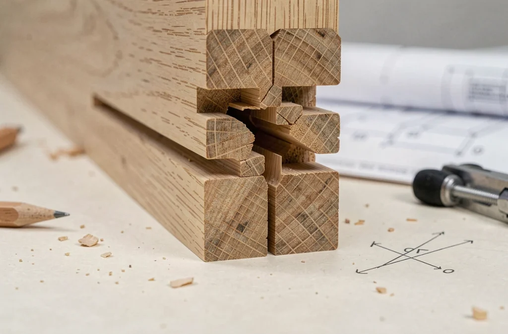 Gros plan sur un assemblage tenon mortaise en chêne montrant les contraintes mécaniques et la précision des coupes