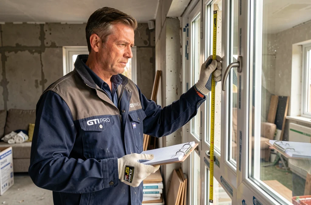 Technicien de GTI PRO vérifiant l'installation d'une menuiserie dans une maison en rénovation