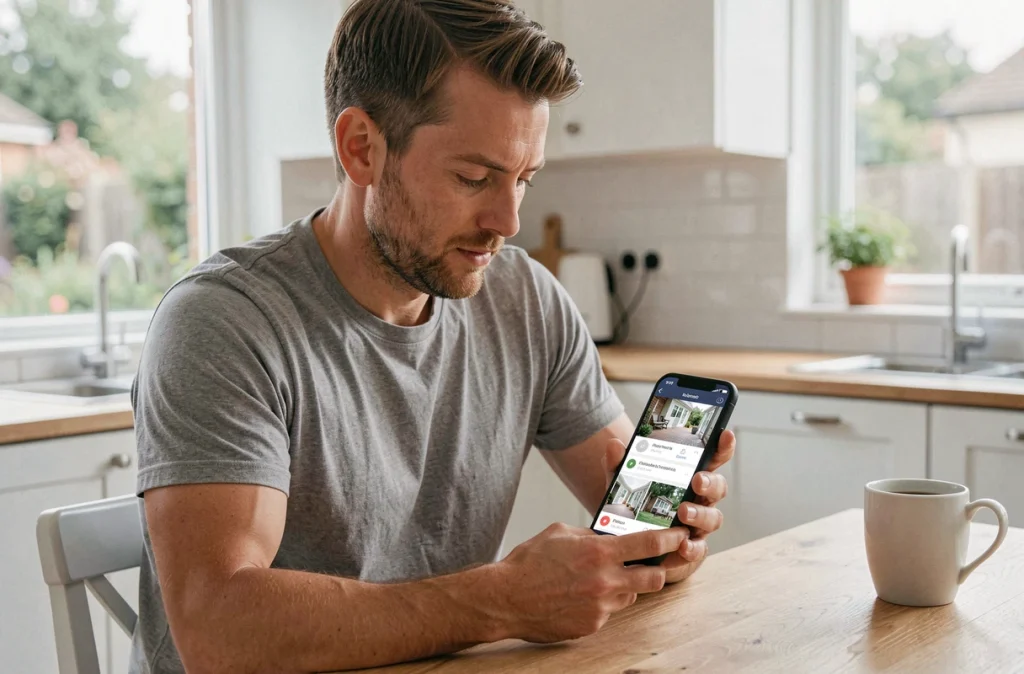 Homme consultant l'application de télésurveillance de son système d'alarme depuis sa cuisine