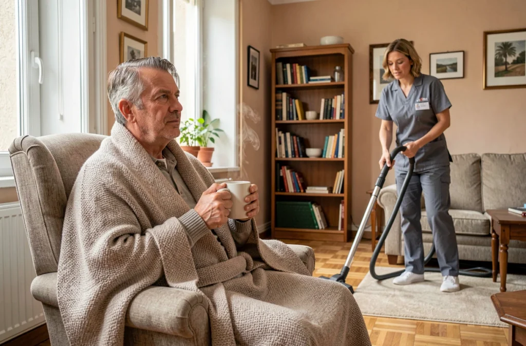 Homme en convalescence se reposant dans un fauteuil pendant qu'une aide ménagère passe l'aspirateur dans son salon
