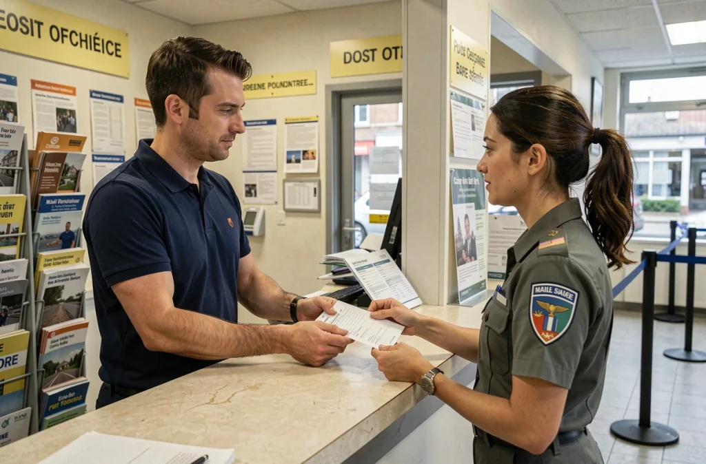 Homme déposant un formulaire de réexpédition de courrier au guichet d'un bureau de poste lors d'un déménagement