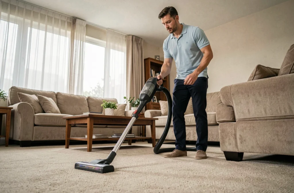 Homme effectuant le ménage à domicile en passant l'aspirateur dans un salon lumineux