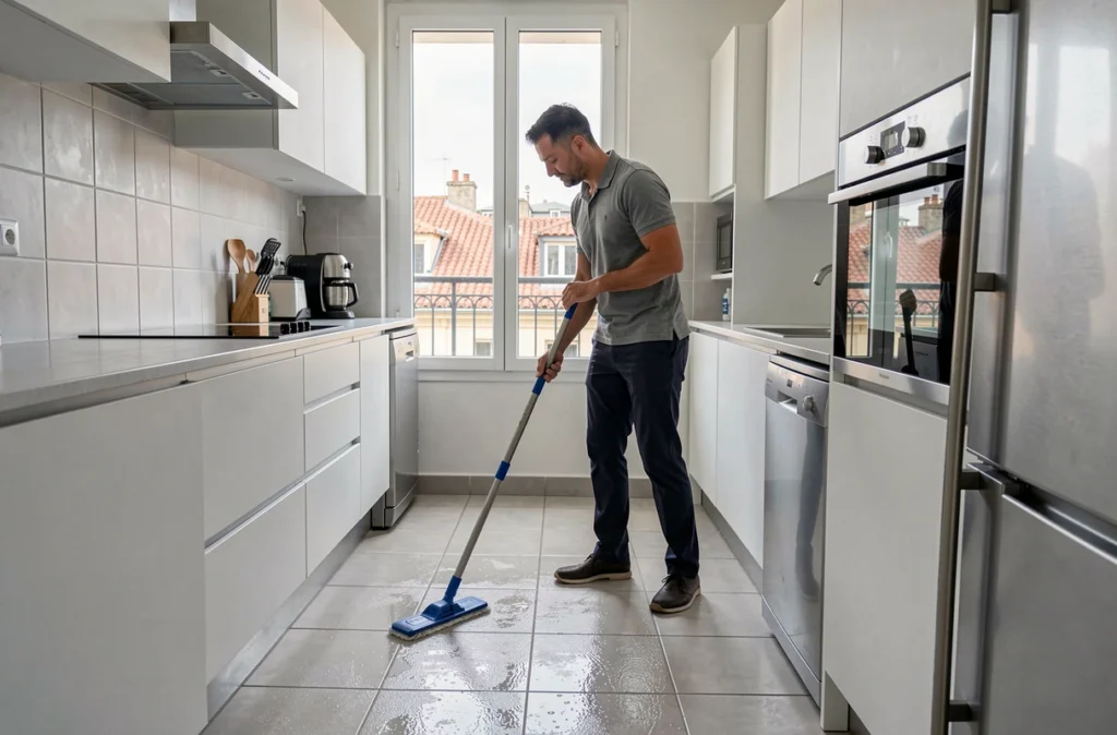 Homme de ménage professionnel nettoyant le sol d'une cuisine moderne dans un appartement à Lyon avec vue sur les toits