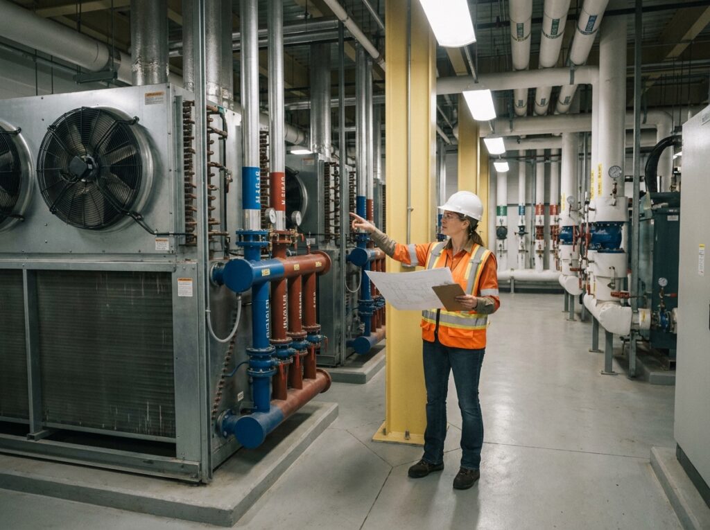 Ingénieure examinant des plans devant un système d'échangeurs thermiques air-fluide dans une salle de process industriel