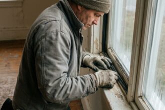 Technicien inspectant l'étanchéité d'une fenêtre à double vitrage dans une maison ancienne, évaluant l'état de l'isolation thermique des menuiseries