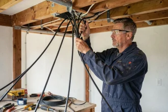 Électricien installant une électricité araignée avec câbles rayonnants depuis un boîtier central au plafond d'une maison