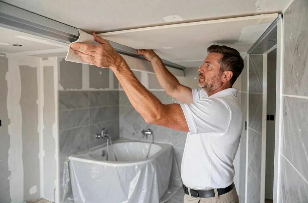 Installateur posant un plafond tendu en toile dans une salle de bains en rénovation, fixant le textile dans un rail en aluminium