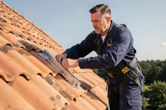Technicien installant un kit de fixation en acier inoxydable sur un toit en tuiles de terre cuite pour panneau solaire