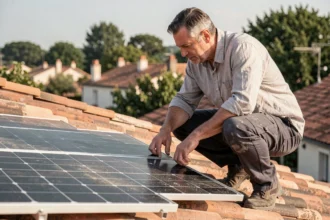 Homme inspectant un kit solaire autoconsommation 750W installé sur un toit en tuiles d'une maison individuelle en France