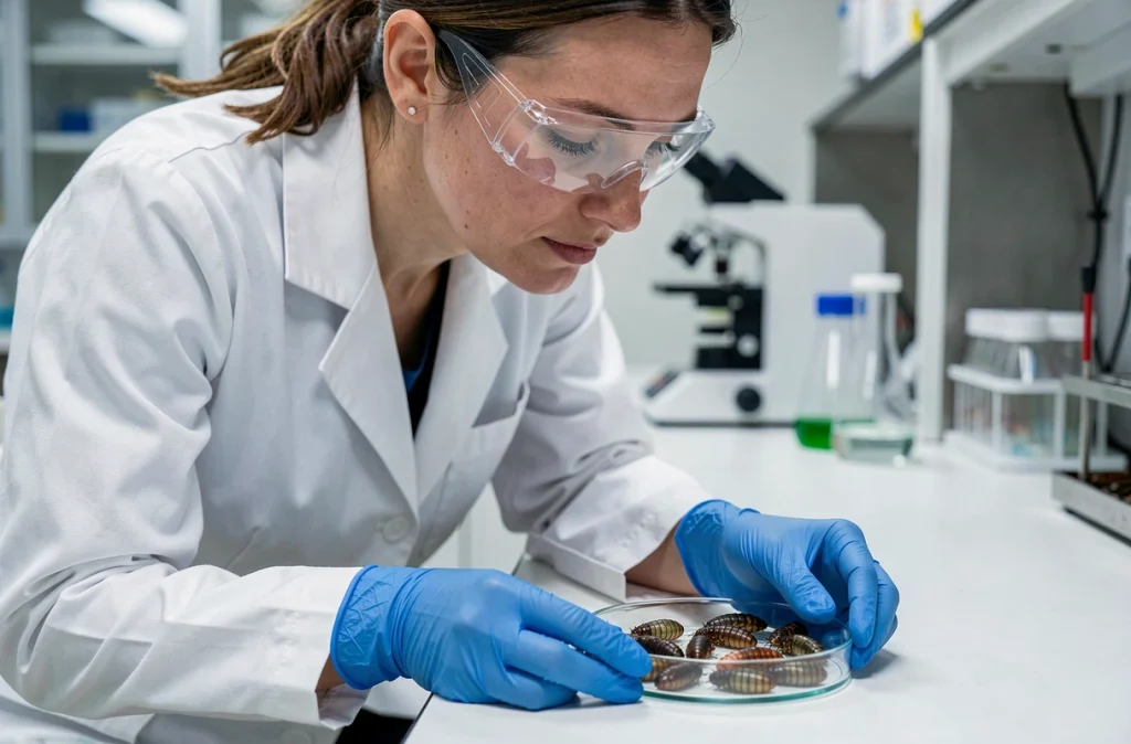 Chercheuse en laboratoire examinant des pupes de mouche et des asticots dans une boîte de Pétri avec des gants latex bleus