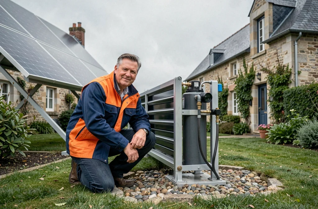 Technicien de Lambert Solaire Thermique inspectant un système hybride solaire-pompe à chaleur