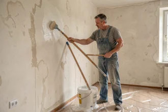 Homme en salopette lessivant un mur intérieur avant peinture avec une brosse et un seau d'eau savonneuse