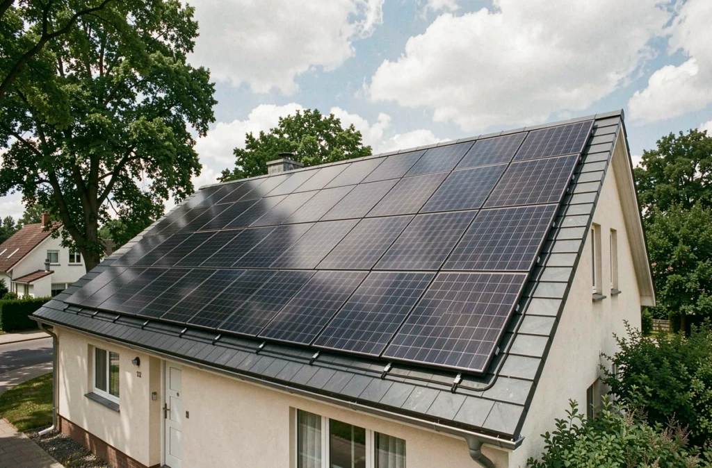 Vue d'ensemble d'une maison résidentielle équipée de panneaux solaires photovoltaïques sur le toit