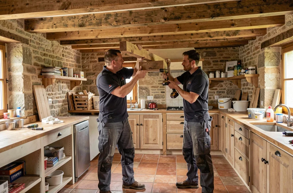 Artisans de MB Artisans posant des poutres en bois dans une cuisine de ferme rénovée en Seine-et-Marne