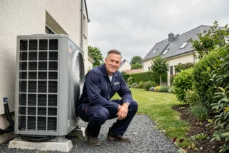 Installateur de pompe à chaleur devant une maison en Loire-Atlantique