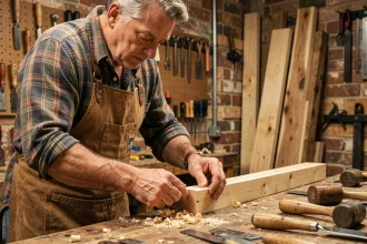 Menuisier ajustant un assemblage tenon mortaise sur un établi d'atelier avec des outils traditionnels
