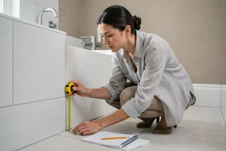 Femme mesurant les dimensions d'une salle de bain moderne avec un mètre ruban pour réaliser un plan 3D