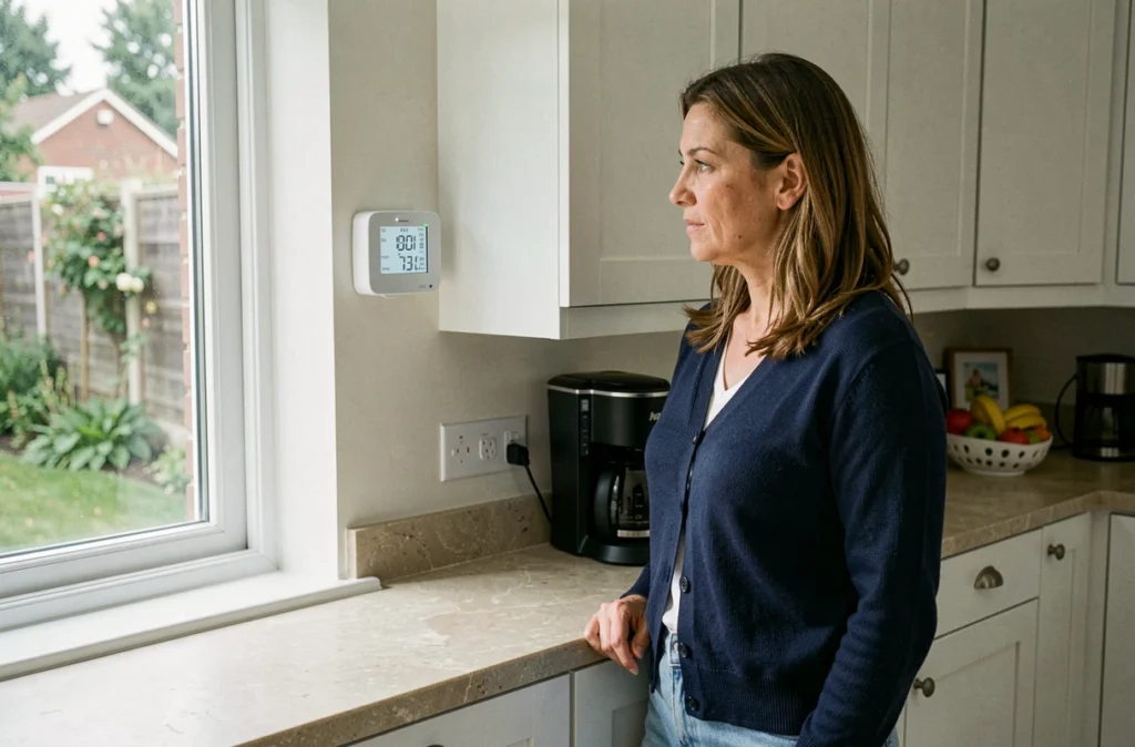 Femme consultant un moniteur de consommation électrique dans une cuisine moderne équipée d'un système solaire autoconsommation