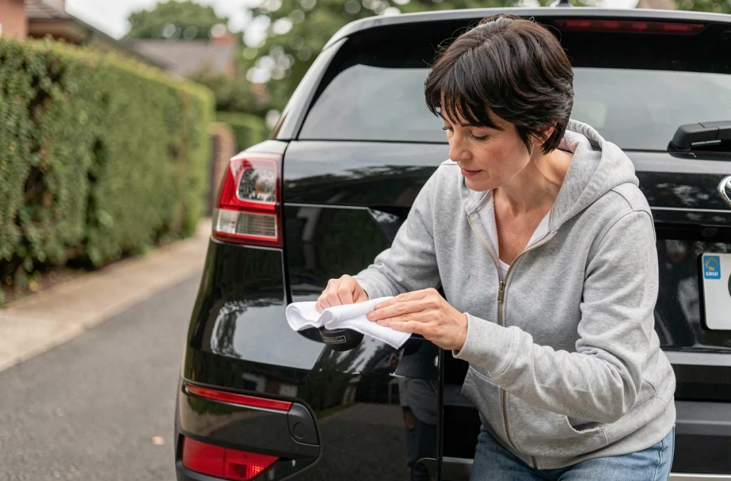 Femme nettoyant un capteur de stationnement Angeleye avec un chiffon microfibre sur le pare-chocs d'un SUV noir dans une allée résidentielle