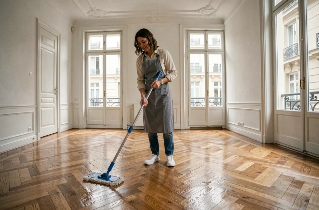 Professionnelle du ménage en train de laver le parquet d'un appartement toulousain de style haussmannien