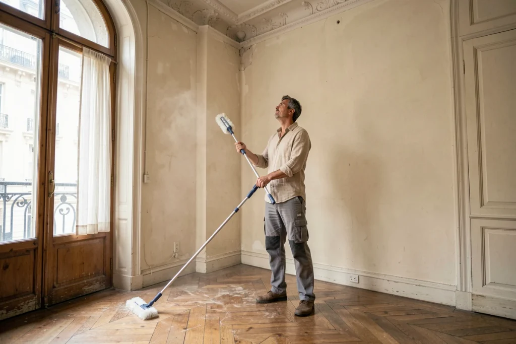 Homme nettoyant les coins en hauteur d'un plafond avec un balai extensible dans un appartement haussmannien