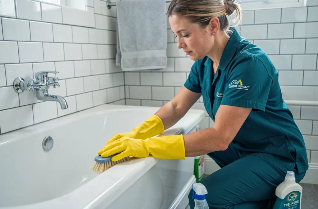 Professionnelle de nettoyage en uniforme récurant une baignoire dans une salle de bain carrelée