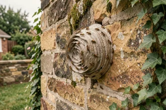 Nid de guêpes actif incrusté dans un mur en pierre extérieur avec de nombreuses guêpes visibles autour de la structure