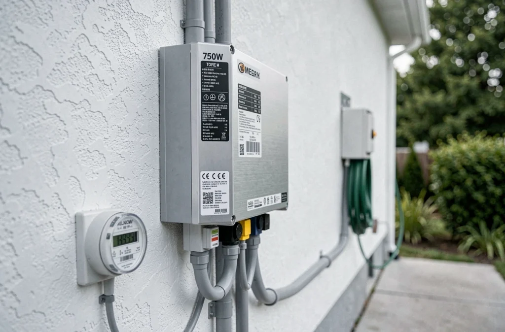 Onduleur et boîtier de connexion d'un kit solaire 750W autoconsommation installés sur le mur extérieur d'une maison résidentielle