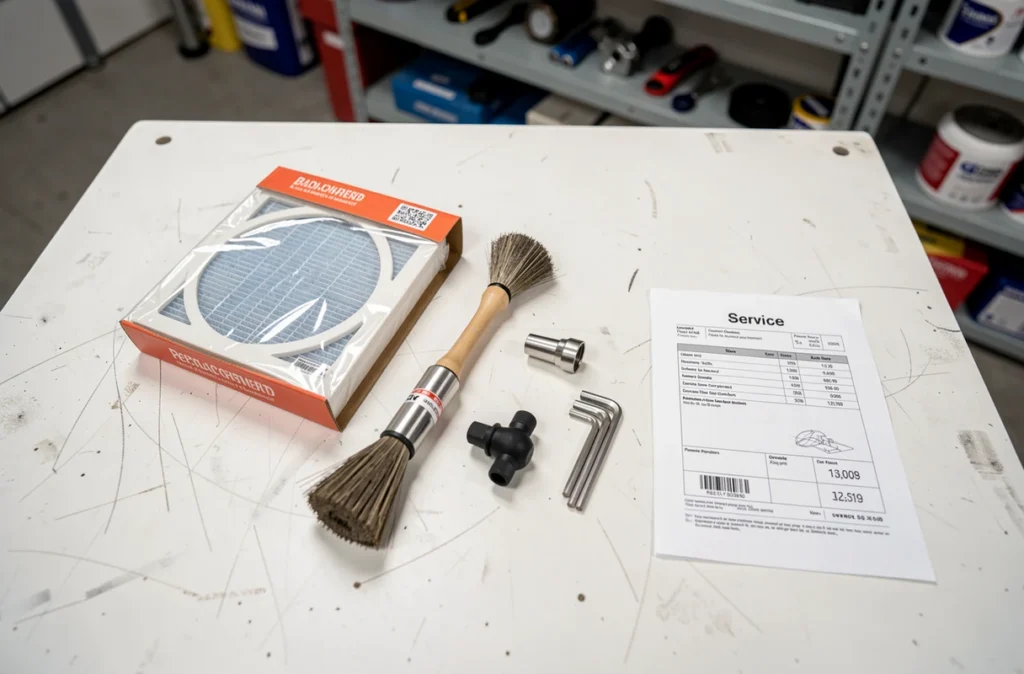 Vue à plat des outils et équipements nécessaires à l'entretien et au remplacement d'un filtre de pompe à chaleur, avec une facture de service