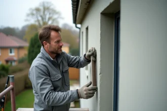 Ouvrier appliquant un enduit de ravalement sur une façade en rénovation énergétique depuis un échafaudage