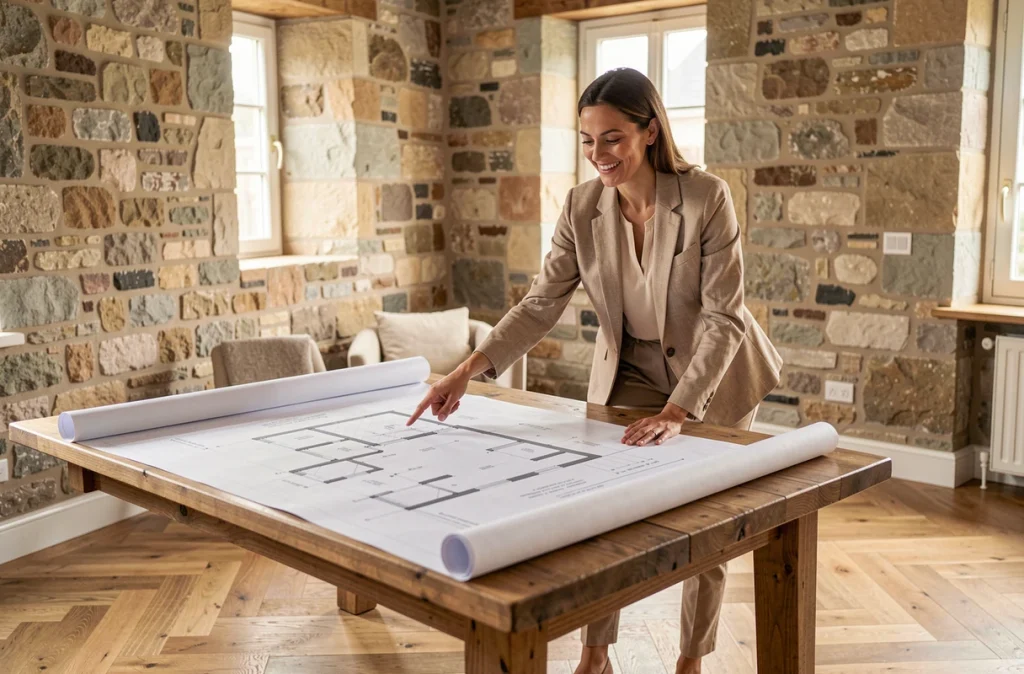 Designer de Pagepro présentant des plans de rénovation dans un espace rénové avec murs en pierre