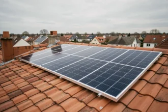 Panneau solaire 1000W installé sur un toit en tuiles avec vue sur un quartier résidentiel