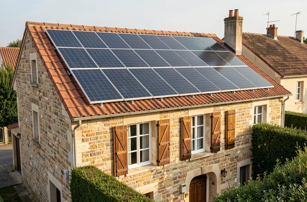 Panneaux solaires installés sur un toit en tuiles rouges d'une maison pavillonnaire française grâce à un kit de fixation professionnel