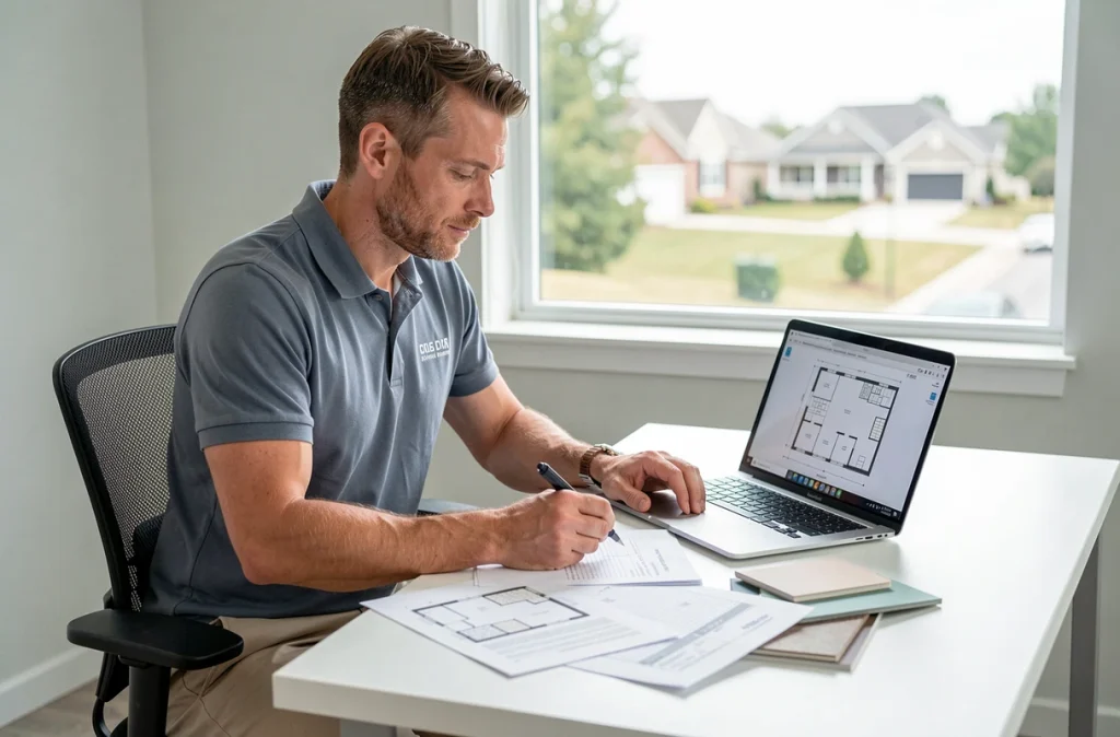 Entrepreneur de Particulier7 examinant des plans et échantillons de matériaux pour un projet de rénovation