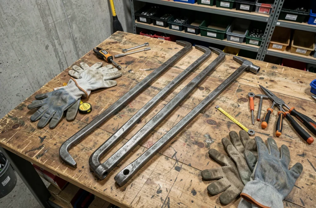 Deux pinces monseigneur de tailles différentes posées sur un établi en bois dans un espace de stockage d'outils professionnels
