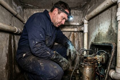 Plombier professionnel inspectant une pompe de relevage défaillante dans un local technique en sous-sol