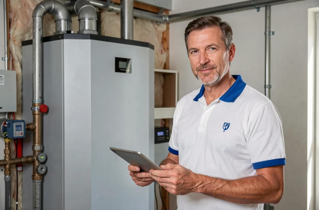 Ingénieur de POLARIS Solutions Thermiques dans une salle technique avec pompe à chaleur