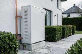 Pompe à chaleur air-eau installée en extérieur sur le mur d'une maison contemporaine avec tuyauterie en cuivre
