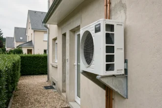 Pompe à chaleur air-eau installée sur la façade extérieure d'une maison individuelle française