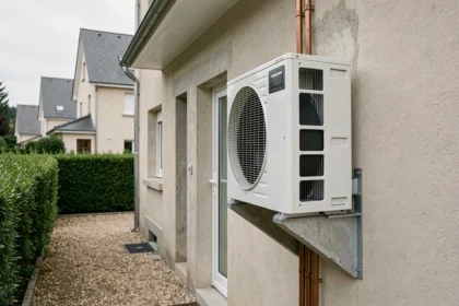 Pompe à chaleur air-eau installée sur la façade extérieure d'une maison individuelle française