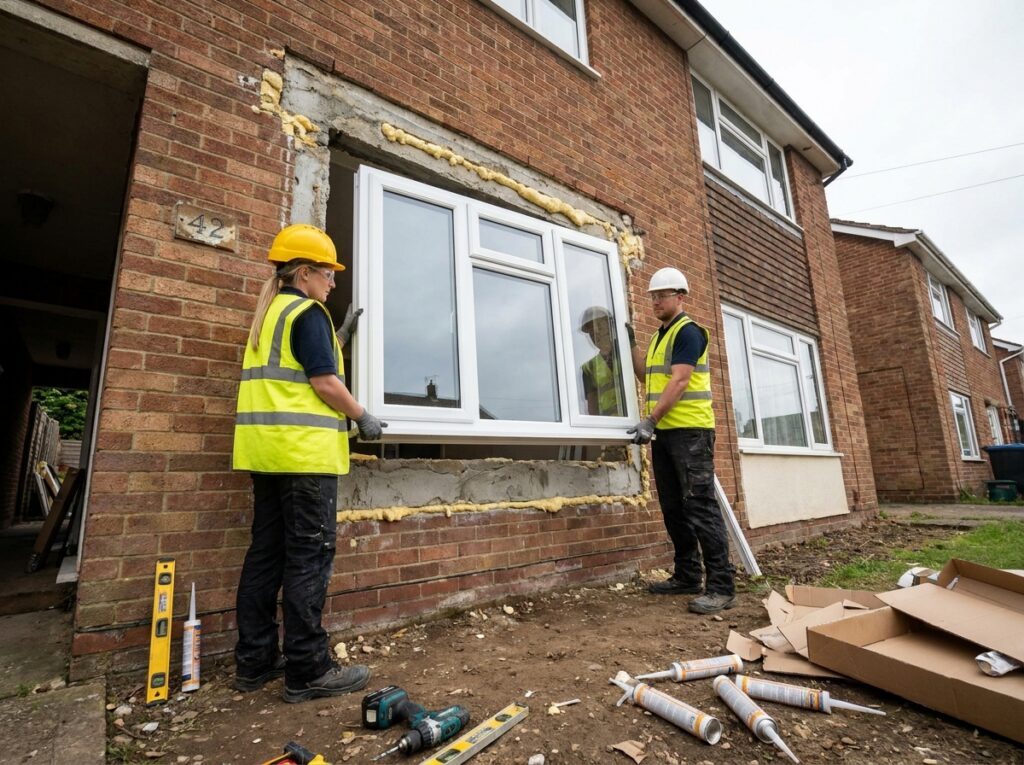 Deux ouvriers posant une nouvelle fenêtre en PVC double vitrage sur la façade d'une maison en rénovation, dans le cadre d'un chantier de remplacement de menuiseries pour améliorer l'isolation thermique