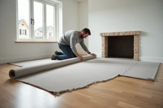 Pose d'une moquette isolante thermique sur le sol d'une pièce au-dessus d'un garage par un homme en train de dérouler le revêtement