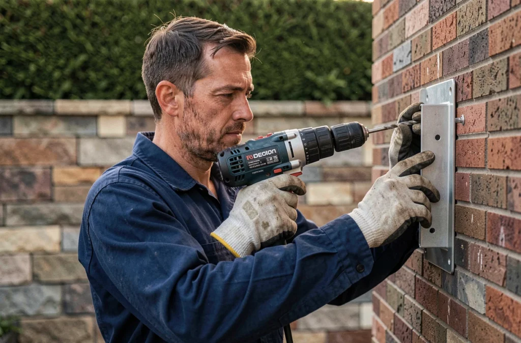 Technicien en train de poser un support mural pour pompe à chaleur sur un mur en briques