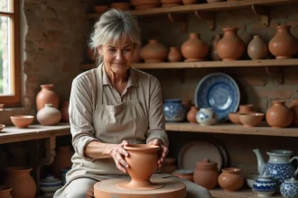 Potière en tablier de lin façonnant une poterie alsacienne traditionnelle sur un tour dans l'atelier de la Poterie Beck à Soufflenheim